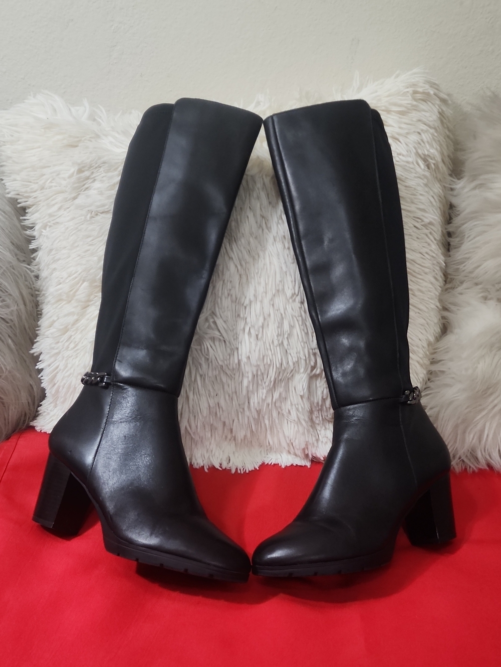 Anne Klein Black Knee-High Block Heel Boots with Chain Accent